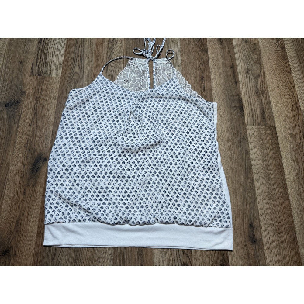 Maurices Halter Top Women Large White Blue Geometric Lace Back Sleeveless